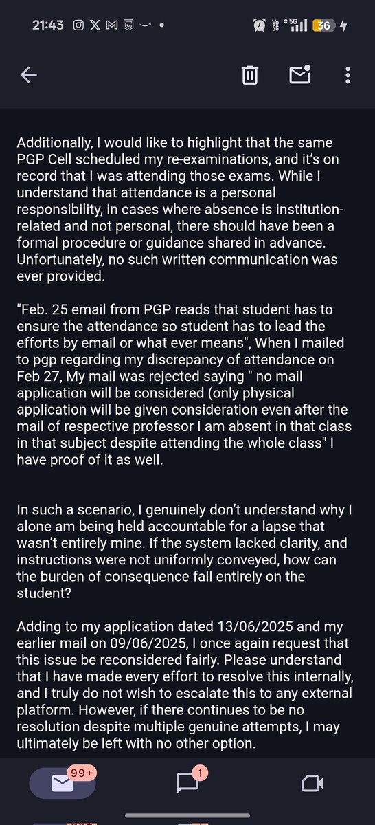 Yogesh7u's tweet photo. Despite getting placed, I was failed due to *selective &amp; unclear enforcement* of attendance rules during placements. No formal communication, no fair chance — just career destruction.

*"Rules are made to instill discipline in students, not destroy their future."* https://t.co/eKjTePEcxc