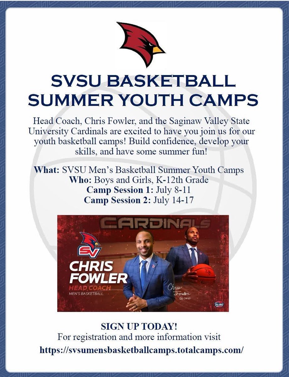 ⏰ Time is running out to register! ⏰

📅 Session 1: July 8-11
📅 Session 2: July 14-17
**Open to boys &amp; girls, K-12th grade

Spots are filling fast – sign up today!
🔗 svsumensbasketballcamps.totalcamps.com
#SVSU #YouthBasketball #CardinalPride #SVSUCamps #BasketballCamp #TrainWithTheBest