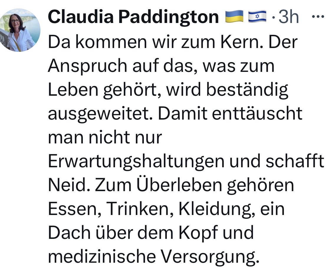 Hannah H. (@tweetenti) on Twitter photo So stellt sich meine Freundin <a href="/ClaudiaPadding/">Claudia Paddington 🇺🇦🇮🇱</a> das ausreichende Leben eines Bürgergeldempfängers vor. Brot, Bett und Seife müssen reichen. Vom Recht auf gesellschaftliche Teilhabe hat sie noch nie gehört und würde sie auch völlig überflüssig finden. Ein Herz aus Stein. So stellt sich meine Freundin <a href="/ClaudiaPadding/">Claudia Paddington 🇺🇦🇮🇱</a> das ausreichende Leben eines Bürgergeldempfängers vor. Brot, Bett und Seife müssen reichen. Vom Recht auf gesellschaftliche Teilhabe hat sie noch nie gehört und würde sie auch völlig überflüssig finden. Ein Herz aus Stein.