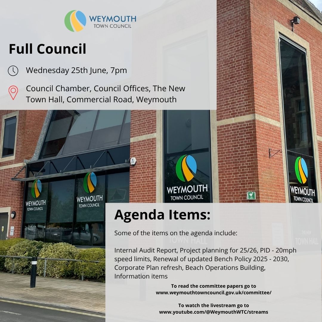 🗓️ Our Full Council meeting is taking place this evening at 7pm in the Council Chamber, The New Town Hall. You can join us in person or watch online on our YouTube channel: orlo.uk/2vvro

#FullCouncil #WeymouthTownCouncil