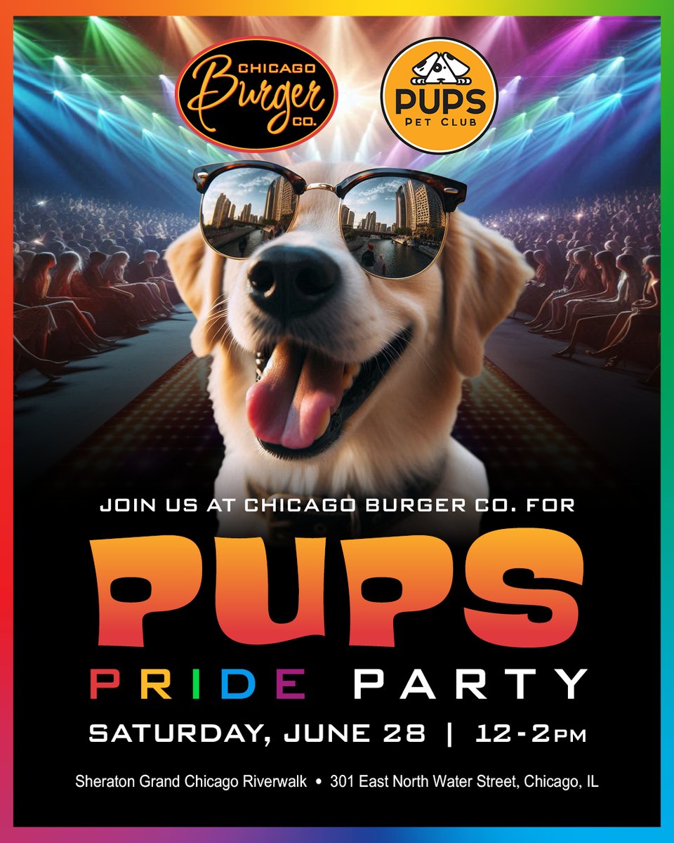 SheratonChicago's tweet photo. Paws up, pride out! 🐾🌈 Join us for Paws Up For Pride: a pet party &amp; fashion show at Chicago Burger Company. 🎉

 🗓 Saturday, June 28 | ⏰ 12–2 PM https://t.co/4W7PGpQA68