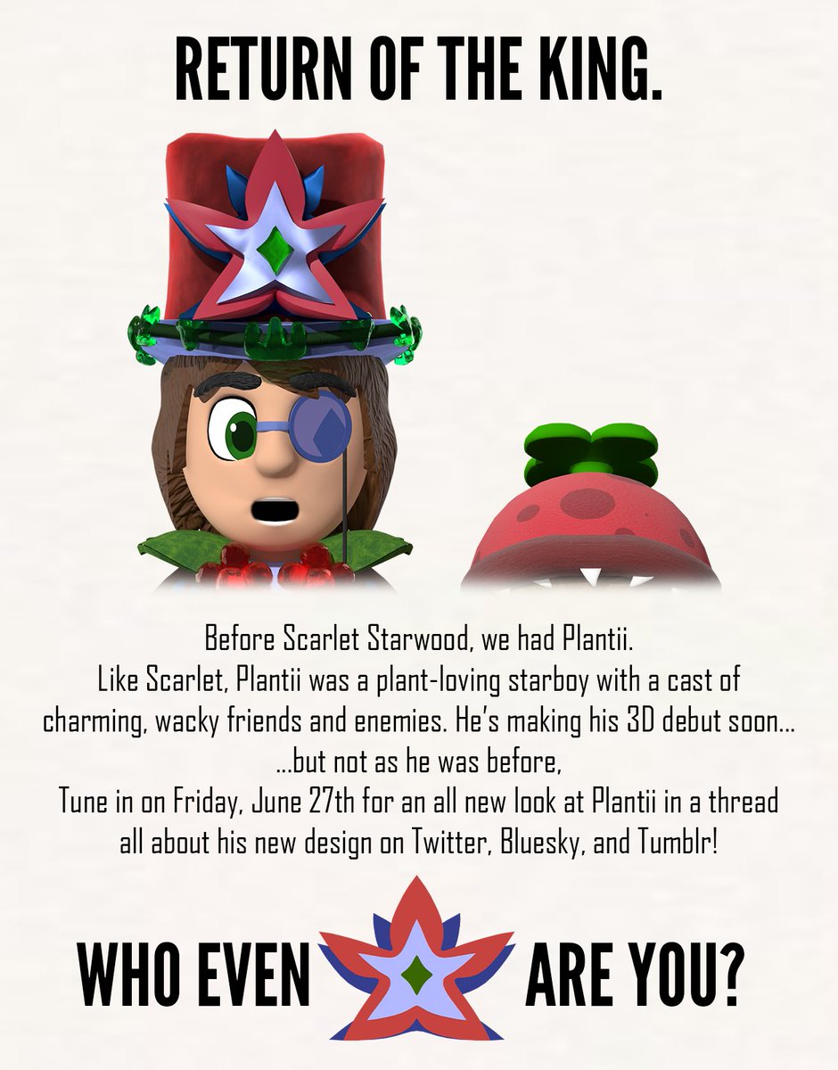 ScarletStarwood's tweet photo. A brand new star-t.
Come back here same time tomorrow on Friday, June 27th, for the reintroduction of Retropia's Plantii, featuring an in-depth thread on his new redesign!
#WelcomeToRetropia #OC #OriginalCharacter #OCArt #3DArt #Blender https://t.co/UNMZjODRlN