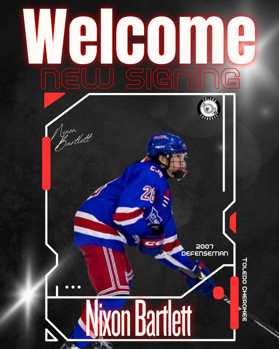 🚨SIGNING ALERT🚨

The Cherokee are proud to announce the signing of defenseman Nixon Bartlett! The Minden, LA native spent the last season with the Connecticut Jr. Rangers 18u AAA.

The Cherokee welcome Nixon to the Cherokee family!!
#ROLLTRIBE #SAPPYSTRONG #REDEMPTIONTOUR