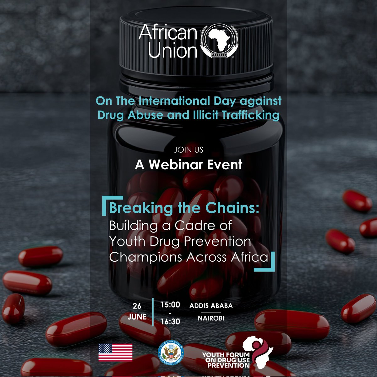 AUYouthProgram's tweet image. In commemoration of International Day against Drug Abuse and Illicit Trafficking, join the @AUYouthProgram, @AU_HHS, & youth leaders for a webinar on building a cadre of drug prevention youth champions across Africa.
🗓️: June 26, 2025
Register to attend ➡️shorturl.at/zuAB8