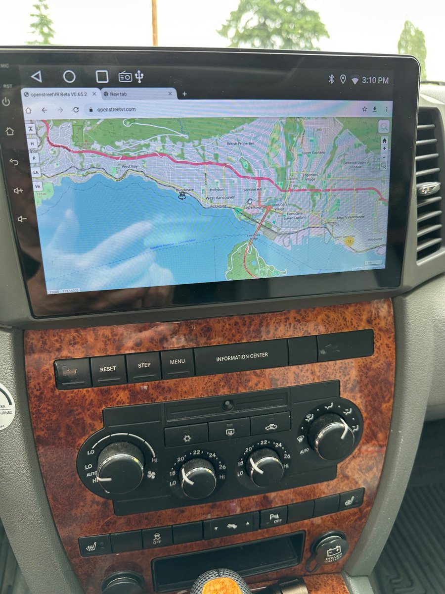openstreetVR's tweet photo. openstreetVR running on a Android Auto platform on Jeep Grand Cherokee.  An alternative to Maps, Maze, etc. https://t.co/Yu2swdCKpC