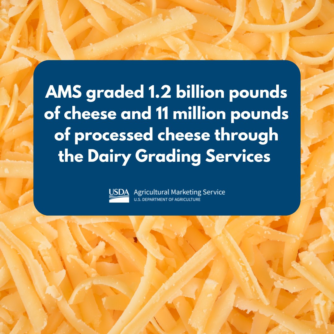 USDA Ag Mktg Service (@usda_ams) on Twitter photo Last year, AMS graded 1.3 billion pounds of cheese and 11 million pounds of processed cheese through the Dairy Grading Services, ensuring quality and compliance.
To learn more or request grading service, contact the Dairy Grading branch at DairyNFO@usda.gov Last year, AMS graded 1.3 billion pounds of cheese and 11 million pounds of processed cheese through the Dairy Grading Services, ensuring quality and compliance.
To learn more or request grading service, contact the Dairy Grading branch at DairyNFO@usda.gov
