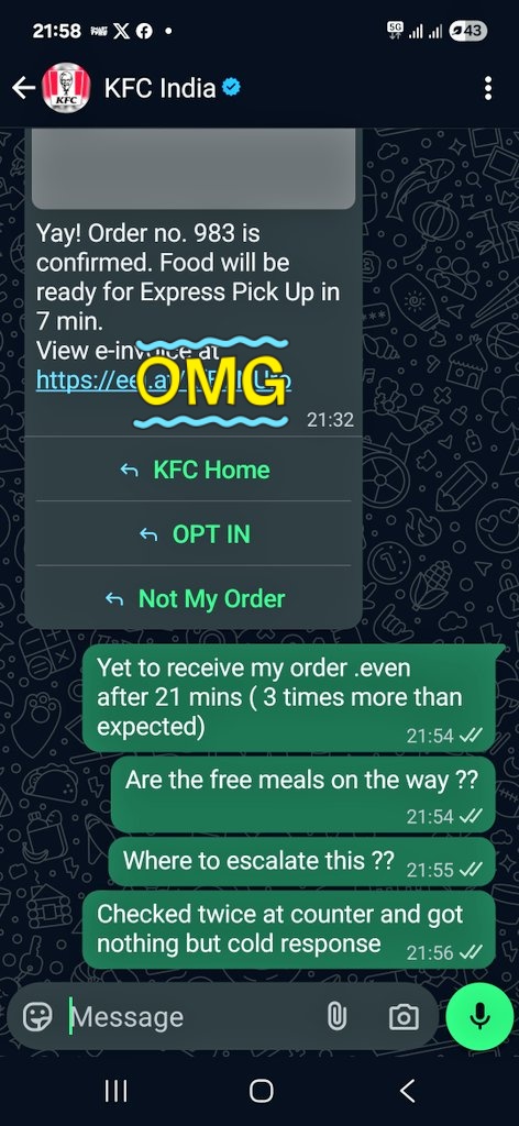 div_vermaa's tweet photo. @KFC_India 25 mins of wait against 7 mins of expected serving time .yet no clue when shall they provide the food for so called EXPRESS PICKUP service .
Anyone listening????? https://t.co/sukSrVeUfH