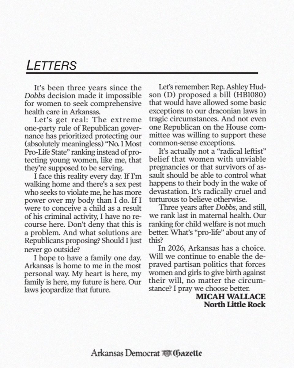 TODAY in 📰 <a href="/ArkansasOnline/">AR Democrat-Gazette</a>: “It’s actually not a ‘radical leftist’ belief that women with unviable pregnancies or that survivors of assault should be able to control what happens to their body in the wake of devastation. It’s radically cruel and torturous to believe otherwise.”
