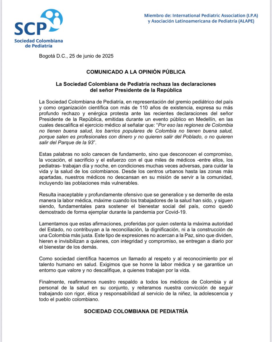 SocPediatria (@scpnacional) on Twitter photo 🚨 La <a href="/SCPNacional/">SocPediatria</a> rechaza con firmeza las declaraciones del Presidente sobre los médicos en Colombia.
👩⚕️👨⚕️ La salud no se descalifica. Se honra.
Desde zonas urbanas hasta rurales, nuestros médicos trabajan con compromiso por una Colombia más justa.
#RespetoALaSalud 🚨 La <a href="/SCPNacional/">SocPediatria</a> rechaza con firmeza las declaraciones del Presidente sobre los médicos en Colombia.
👩⚕️👨⚕️ La salud no se descalifica. Se honra.
Desde zonas urbanas hasta rurales, nuestros médicos trabajan con compromiso por una Colombia más justa.
#RespetoALaSalud