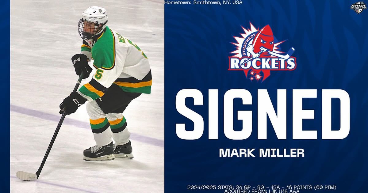 Rockets ink 08’ defenceman Mark Miller. 

Miller, from Smithtown NY comes to the Rockets from the London Junior Knights U18 AAA program brings a mobile-puck moving ability to the Rockets blue line. 

Welcome to the Rockets Mark, it’s time to.. #BlastOff 🚀