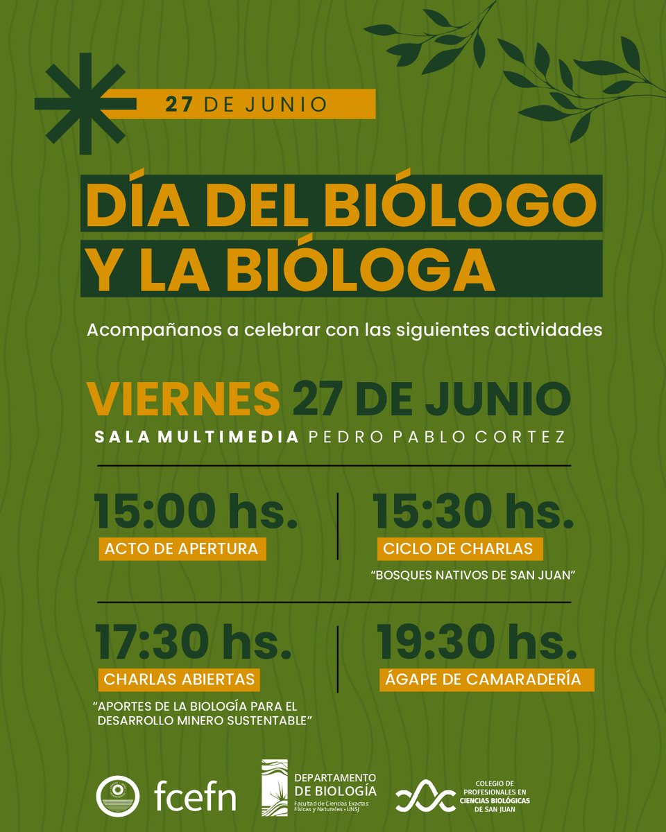 [DÍA DEL BIÓLOGO Y LA BIÓLOGA]
El viernes 27 de junio se celebra el día del Biólogo y la Bióloga en Exactas. Ese día, a partir de las 15hs hay actividades planificadas en conjunto por el Departamento de Biología y el Colegio de Profesionales de Ciencias Biológicas de San Juan.