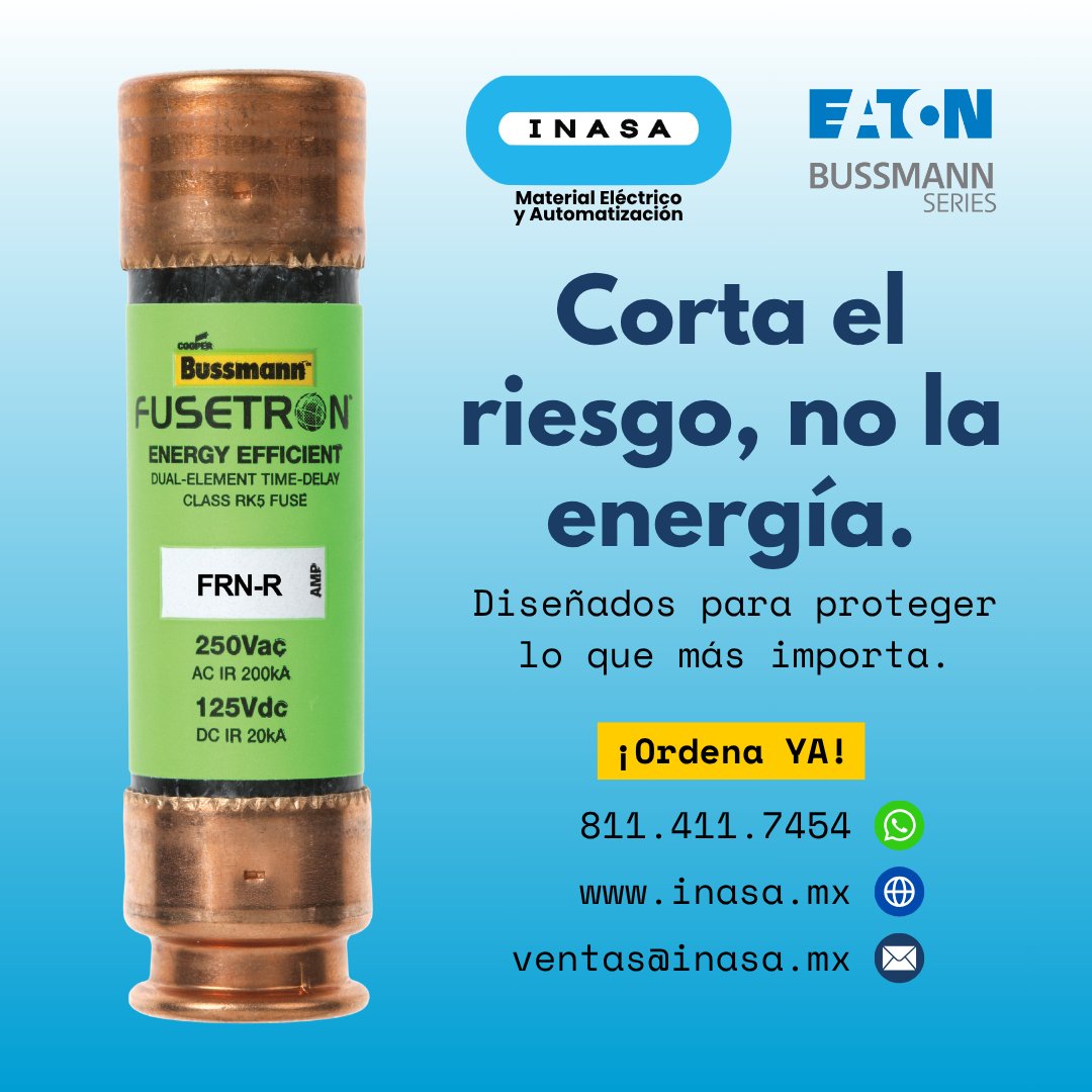 Protege tu instalación con la confianza de Bussmann

Los fusibles de EATON Bussmann Series están diseñados para cortar el riesgo, no la energía.

#INASA #DistribuidorMaster #MaterialEléctrico #EATON #Bussmann