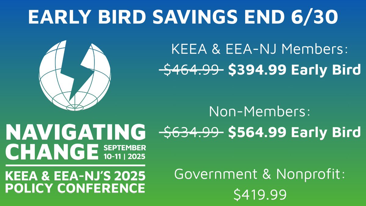Early Bird savings expire at the end of this month! Don't miss two days of energy efficiency policy, education, &amp; networking at our region's top energy efficiency conference. Join us this September in Somerset, NJ: eeaofnj.org/navigating-cha…
