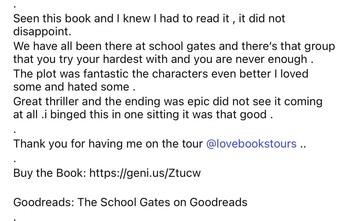 Delighted to share two more brilliant reviews for #TheSchoolGates from the Instagram blog tour. Thrilled to see readers enjoying it so much. 

Bag your copy here:

geni.us/Ztucw

A chilling read is just the ticket in this scorching weather ☀️ 👀 

#BookTwitter #Reading