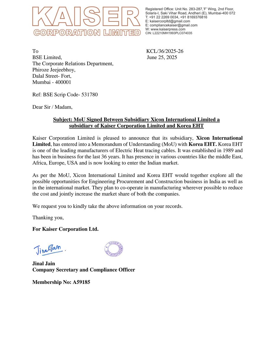stocknewslatest's tweet image. #KACL Kaiser Corporation's subsidiary, Xicon International signed an MoU with Korea EHT, a leading manufacturer of electric heat tracing cables. They will explore EPC opportunities in India and internationally, aiming to reduce costs and increase market share through cooperation.