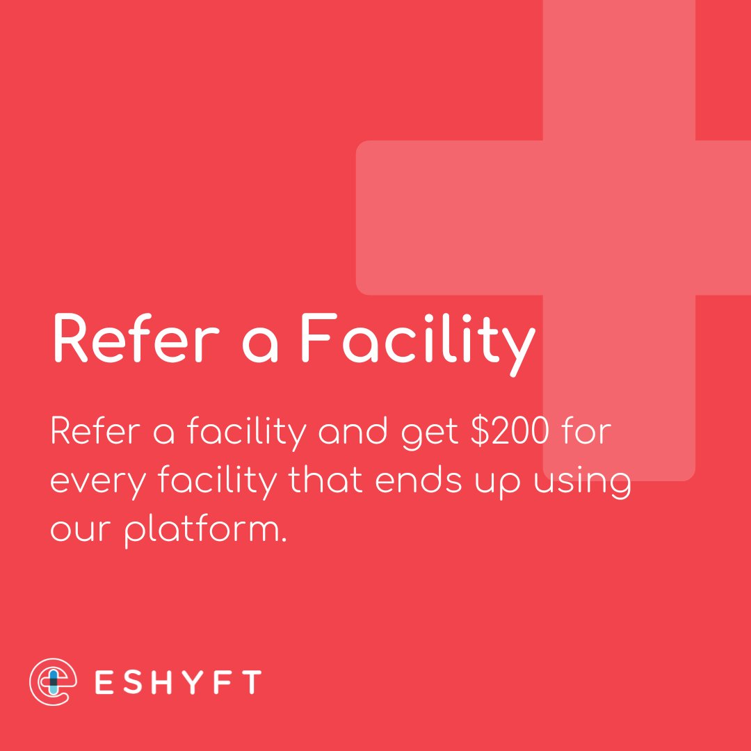 Want to see your favorite facility on ESHYFT?⁠
⁠
Refer a facility and get $200 for every facility you refer that ends up posting shifts within 60 days of your referral: eshyft.com/facility-refer…
