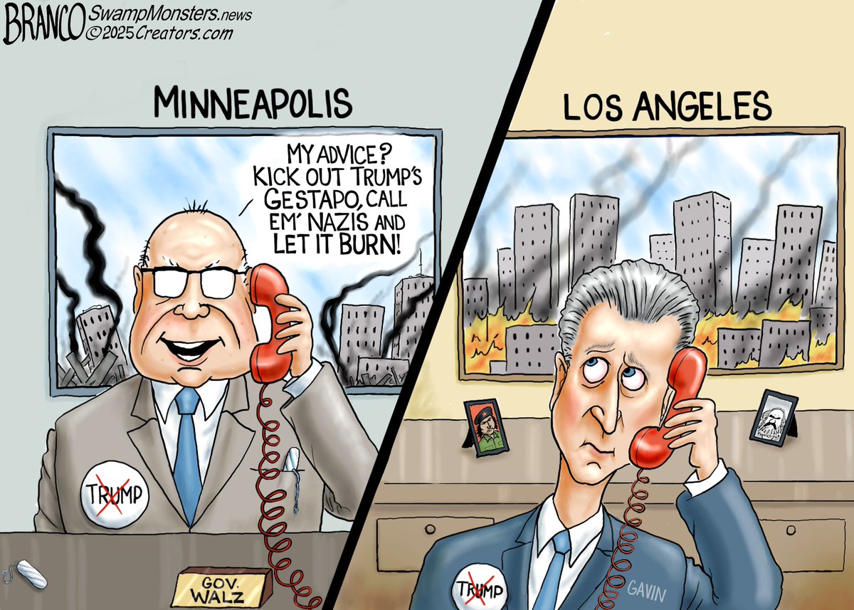 afbranco's tweet photo. A.F. Branco Cartoon: Governor Walz and Governor Newsom are among the worst Governors in America. Both would rather let their cities burn than have Trump bring in law and Order. https://t.co/e5TCG2UVf3 https://t.co/VuUUm4MMXc