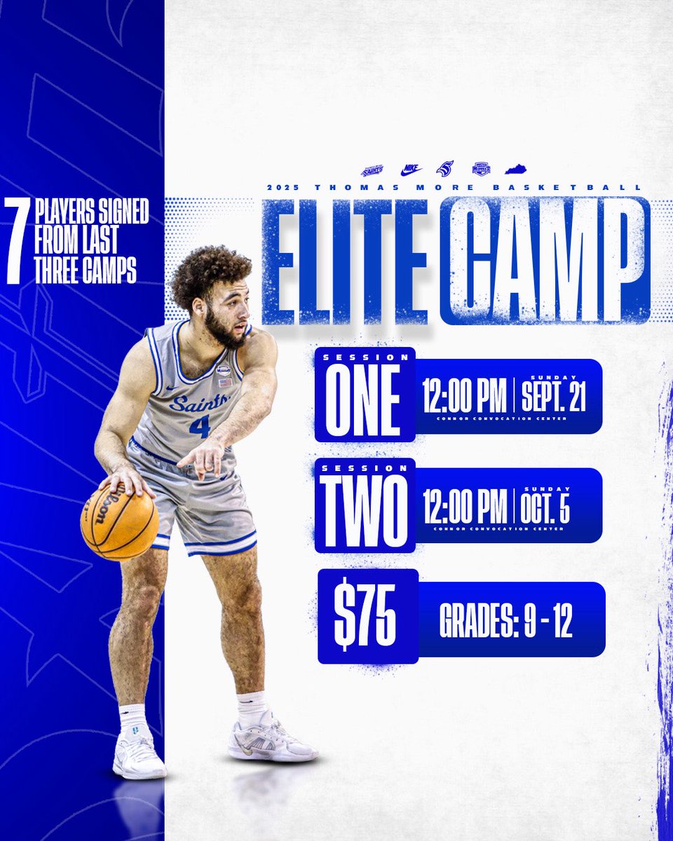 THOMAS MORE SAINTS BASKETBALL (@tmumensbball) on Twitter photo 🚨🚨 Elite Camp🚨🚨
Camp 1: Sunday Sept 21st
Camp 2: Sunday Oct 5th
Grades: 9-12 - 12:00 PM - 3:00 PM
7️⃣ Players signed from the last 3 camps.
Register 🔽🔽🔽🔽
thomasmoresaints.com/sports/2022/7/…
For any questions please reach out to Coach Berlekamp. berleks@thomasmore.edu 🚨🚨 Elite Camp🚨🚨
Camp 1: Sunday Sept 21st
Camp 2: Sunday Oct 5th
Grades: 9-12 - 12:00 PM - 3:00 PM
7️⃣ Players signed from the last 3 camps.
Register 🔽🔽🔽🔽
thomasmoresaints.com/sports/2022/7/…
For any questions please reach out to Coach Berlekamp. berleks@thomasmore.edu