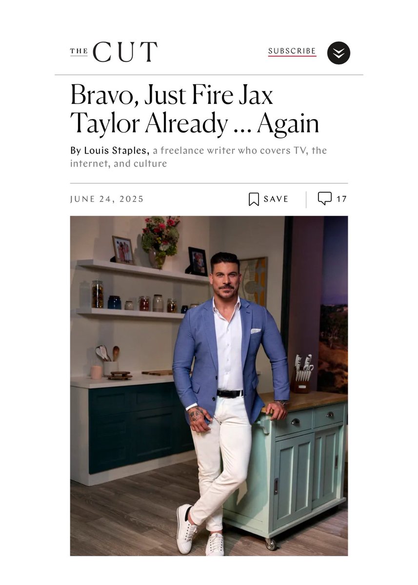 HousewivesHub's tweet photo. The Cut argues that reality TV has boundaries and Bravo has crossed them by keeping Jax Taylor on The Valley despite his escalating abusive behavior toward his ex Brittany Cartwright. Rather than depicting a compelling villain, the article warns, Bravo is dangerously close to normalizing abuse for the sake of ratings, especially when the network has removed problematic cast members in the past. While Bravo executive Alex Baskin claims the show is simply presenting the “full story,” critics say continued screen time only reinforces Jax’s abusive behavior. The Cut ultimately calls on Bravo to “fire Jax Taylor … again,” stating that compensating and showcasing him despite his actions sends a harmful message. 

Quote: “Bravo’s audience needs to see that there are consequences — even for the ‘number one guy in the group.’” #TheValley