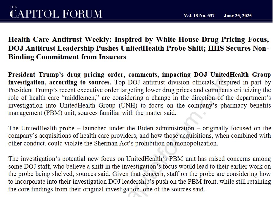 EXCLUSIVE - DOJ Antitrust leadership is considering changing the direction of its ongoing investigation into UnitedHealth Group to focus on the company's PBM, inspired by President Trump's drug pricing executive order and comments criticizing health care "middlemen."