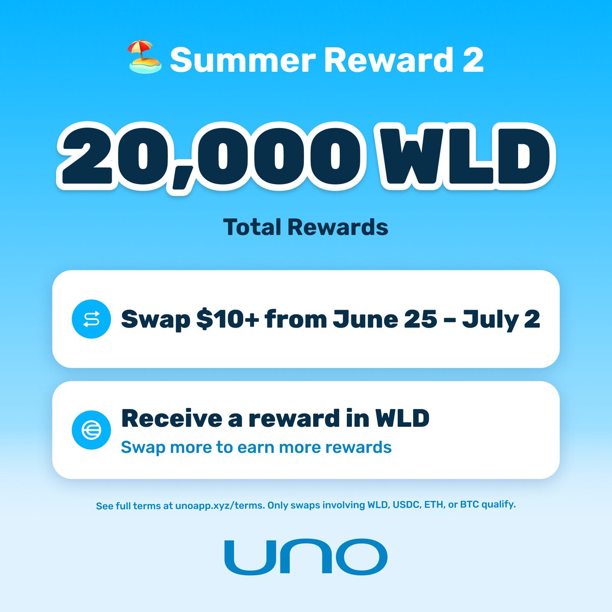 UNO (@uno_wallet) on Twitter photo Summer Reward 2 is here!
20,000 WLD in total rewards for UNO users!
Swap $10+ in UNO to qualify. Starting today through July 2nd. Summer Reward 2 is here!
20,000 WLD in total rewards for UNO users!
Swap $10+ in UNO to qualify. Starting today through July 2nd.