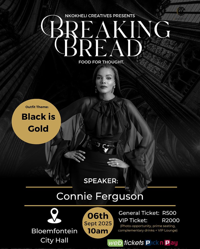 We are bringing <a href="/Connie_Ferguson/">IG/TikTok: @Connie_Ferguson</a> to Bloemfontein for the first time for a speaking engagement. Looking forward to this one.

Let’s #BreakBread 🤝🏾