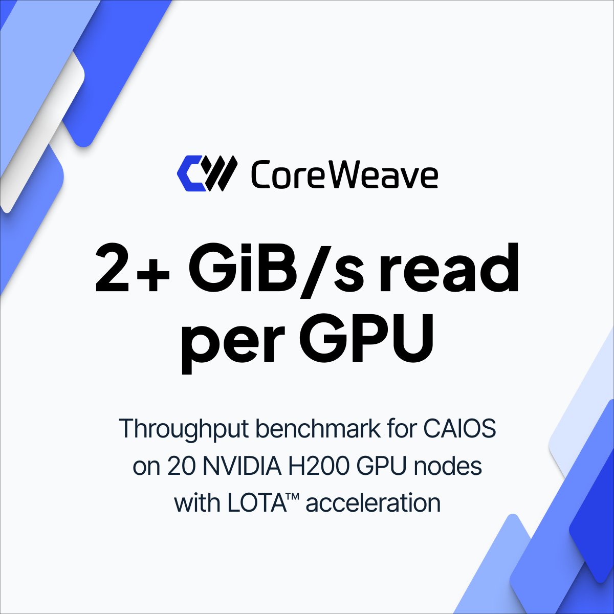 CoreWeave's tweet image. Training today’s largest AI models requires more than just compute, it demands storage that can keep up.
CoreWeave AI Object Storage delivers just that: 2.3 GiB/s per GPU, thanks to our Local Object Transport Accelerator (LOTA™)
Read more in our blog: hubs.la/Q03tDZhl0