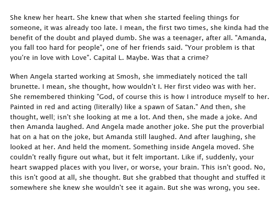 smoshangrab's tweet photo. DEAR ANGIE: AN AMANGELA FANFIC

It's happening again. The whole "will-they/won't they", the fanfics are getting A Lot, people are seeing things that aren't happening... but yeah, they are.

You can follow it on Ao3 or in this thread too. https://t.co/VgBq0IadyI