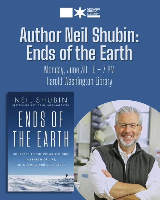 NeilShubin's tweet image. Hello Chicago! I'll be speaking on Earth's Polar Regions and my book ENDS OF THE EARTH at the Chicago Public Library this coming Monday. Beat the heat...I'll see you there!