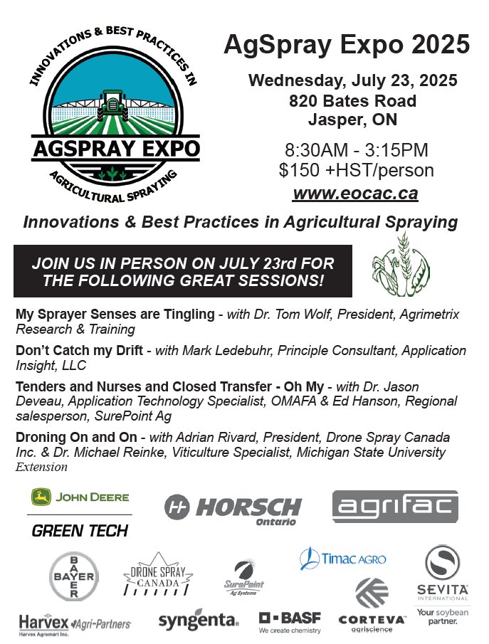 🚨 Only 160 spots left! AgSpray Expo | Jul 23, 2025 | Jasper, ON. Live demos from John Deere, Agrifac &amp; more. Dive into sprayer tech, precision application &amp; drift management. CEUs, lunch &amp; networking included. Claim your spot now ➡️ eocac.ca/agspray2025.php #AgSprayExpo