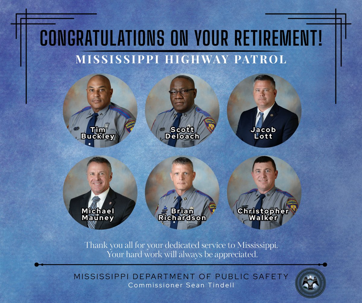Congratulations to these six <a href="/MSHwyPatrol/">MS Highway Patrol</a> State Troopers on their well-deserved retirement! 

Thank you for your many years of dedicated service to the State of Mississippi and its citizens. We wish you the very best in this next chapter.