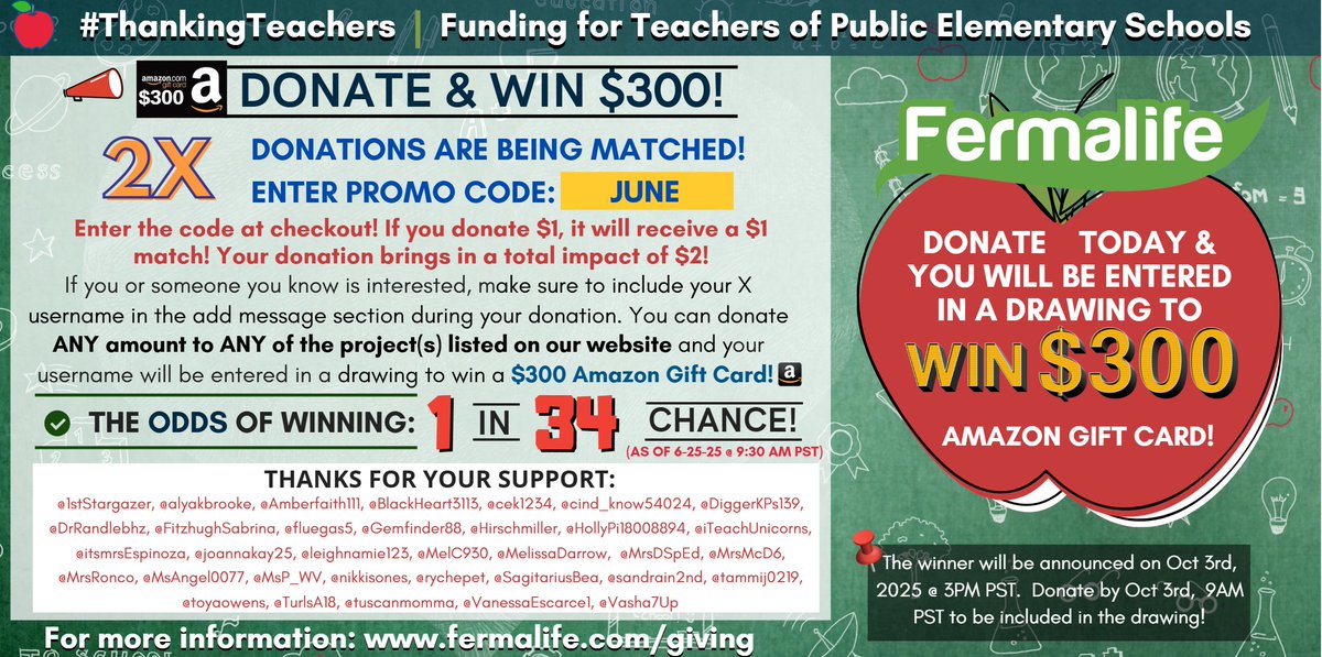 🍎✨THERE'S A 2X MATCH WHILE FUNDS LAST: Enter code "JUNE" at checkout &amp; your donation will be doubled!✨Help bring the teacher's project to life! Donate ANY AMOUNT to the project(s) listed on our page for a chance to win a $300 #AmazonGiftCard! More: fermalife.com/giving ➡️