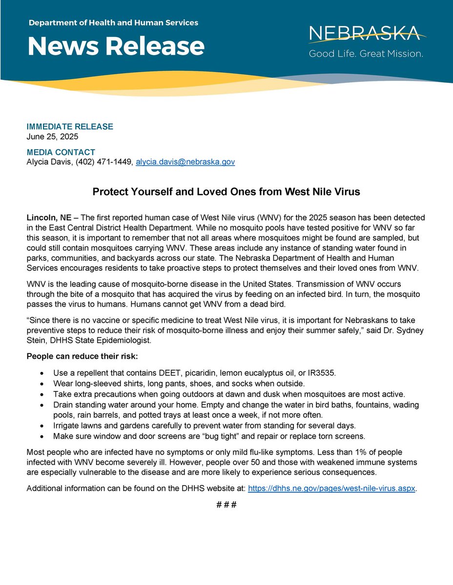 The first reported human case of West Nile virus for the 2025 season has been detected in the East Central District Health Department.

<a href="/NEDHHS/">Nebraska DHHS</a> encourages residents to take proactive steps to protect themselves and their loved ones.

Resources: dhhs.ne.gov/pages/west-nil…