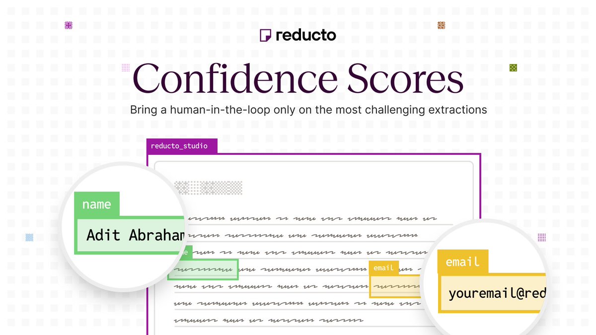 reductoai's tweet image. 🚀 STUDIO LAUNCH WEEK — Day 3: Confidence Scores
Not all extractions are created equal — and now, you’ll know exactly which ones to trust.
Reducto Studio (studio.reducto.ai) assigns confidence scores to every parsed and extracted field, helping you flag uncertain results…