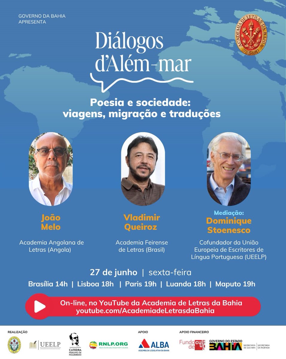 Nouvelle rencontre - Diálogos d’Além-mar Online  Poésie et Société : voyages, migrations et traductions  
Le 27 juin, à 19h (heure de Paris), rencontre avec les écrivains João Melo et Vladimir Queiroz.
Rencontre modérée par Dominique Stoenesco.
🔗youtube.com/AcademiadeLetr…