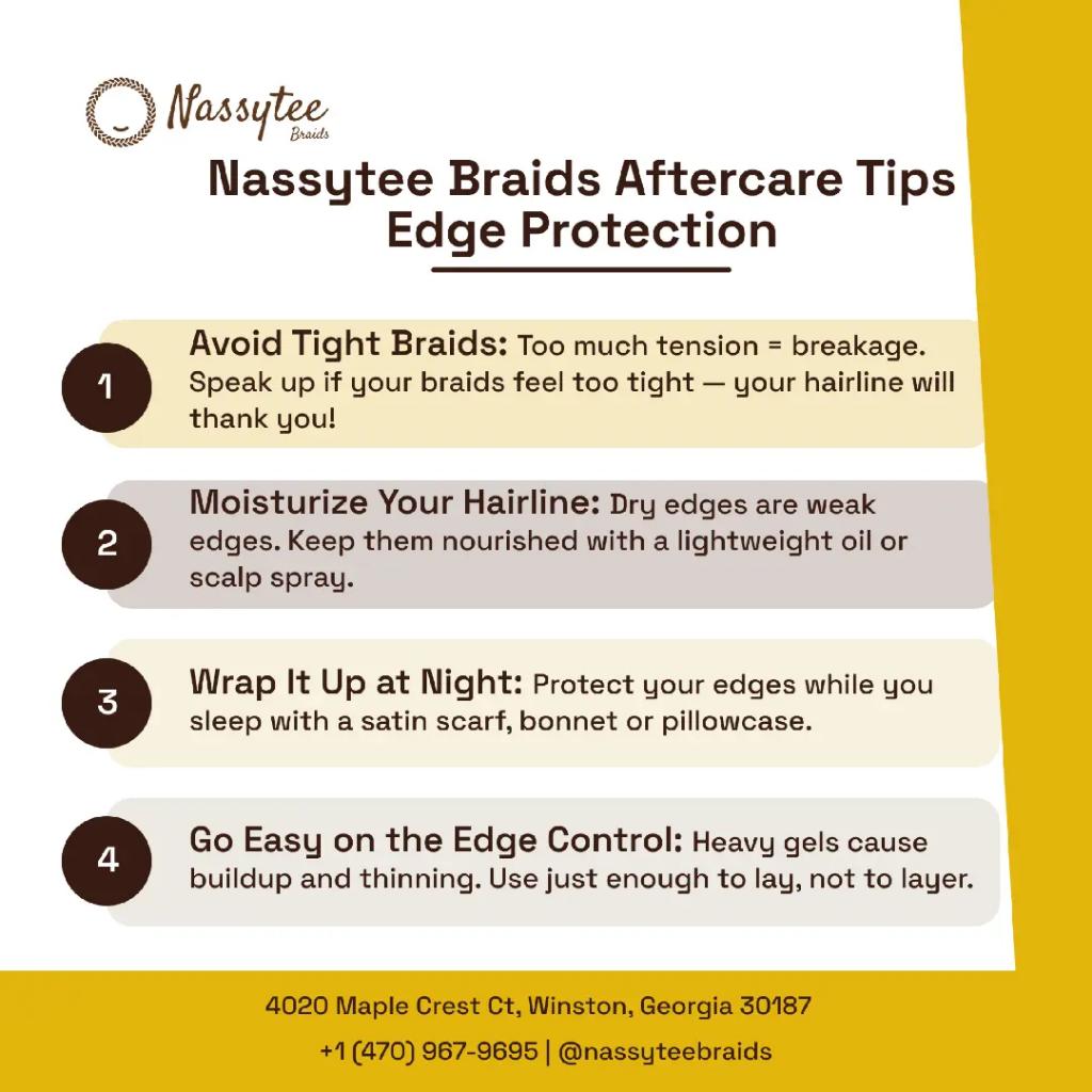 nassyteeaf26467's tweet image. Tag your braid bestie — her edges will thank you! 💛
Edges stay strong when you care for them right. Stay consistent. Refresh braids every 6–8 weeks.
We’re always here in Douglasville — when you’re ready. 
#EdgeCare #HealthyEdges #BraidTips #NassyteeBraids