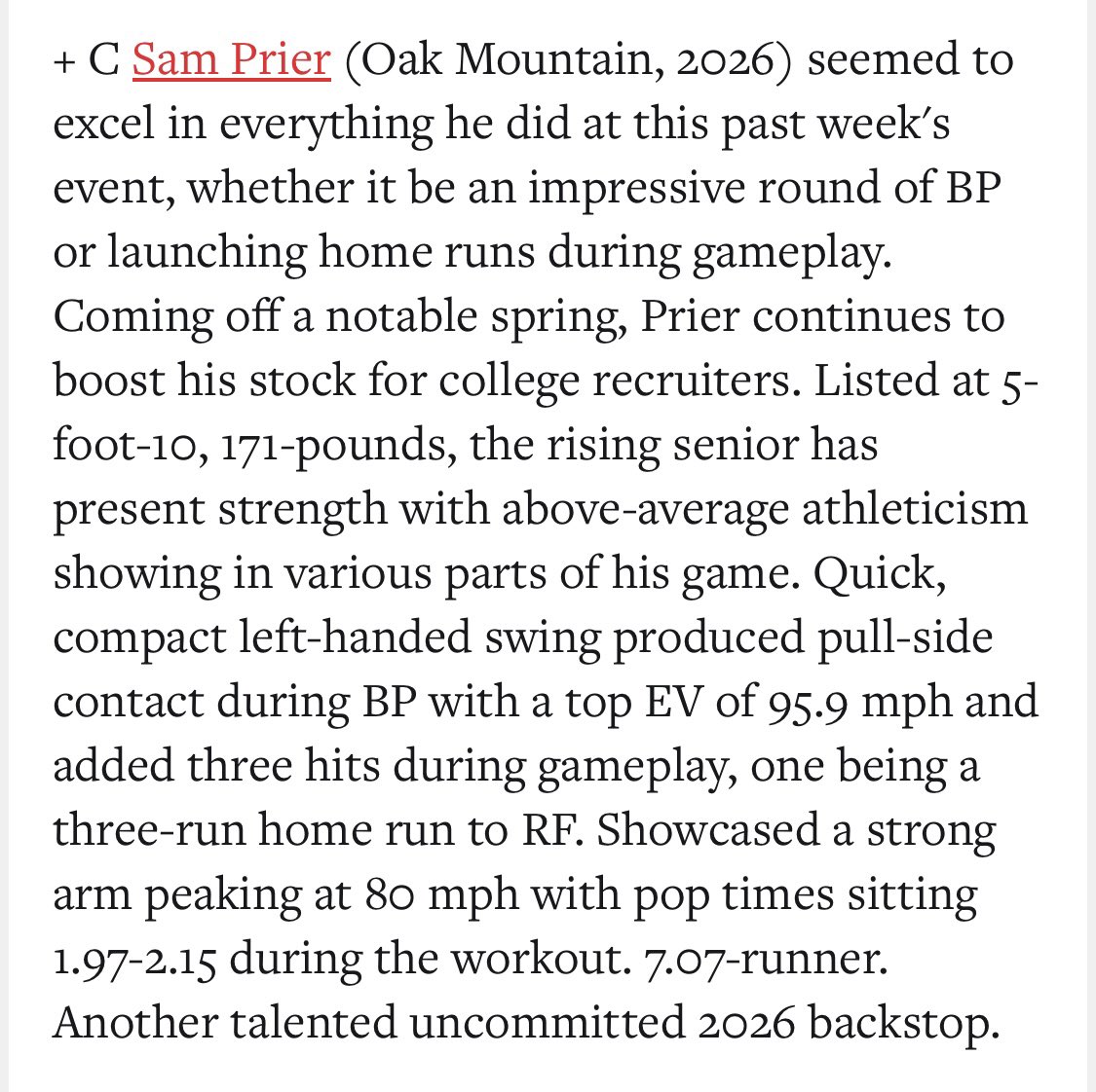 samprier_9's tweet image. Had a great time at the yellow hammer state games this past week, thank you @D4Sharp and @PrepBaseballAL for putting on a great event and for the write up. My measurables continue to improve and I was 3-5 including a 3-run 💣 in my two games.
@ASharp24
@OMHS_Baseball