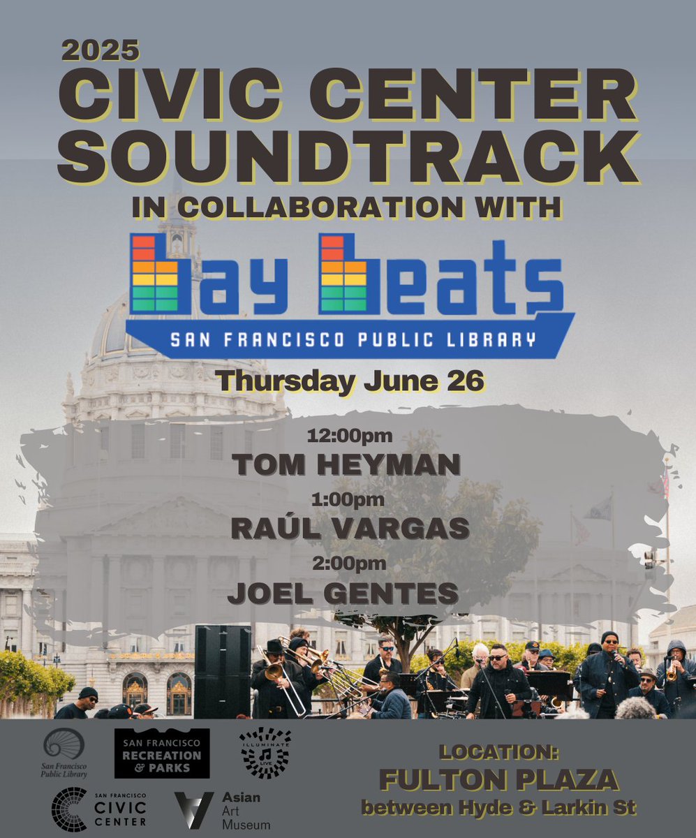 Illuminate LIVE (@illumin8live) on Twitter photo The Civic Center Soundtrack is teaming up with the <a href="/SFPublicLibrary/">SF Public Library</a> to bring you free live music from 3 Bay Beats artists:
12pm – Tom Heyman
1pm – Raúl Vargas raultrasound
2pm – Joel Gentes
📍Details:
Date: Thu 6/26
Time: 12-3pm
Location: Fulton Plaza
<a href="/recparksf/">San Francisco Recreation and Park Department</a> The Civic Center Soundtrack is teaming up with the <a href="/SFPublicLibrary/">SF Public Library</a> to bring you free live music from 3 Bay Beats artists:
12pm – Tom Heyman
1pm – Raúl Vargas raultrasound
2pm – Joel Gentes
📍Details:
Date: Thu 6/26
Time: 12-3pm
Location: Fulton Plaza
<a href="/recparksf/">San Francisco Recreation and Park Department</a>