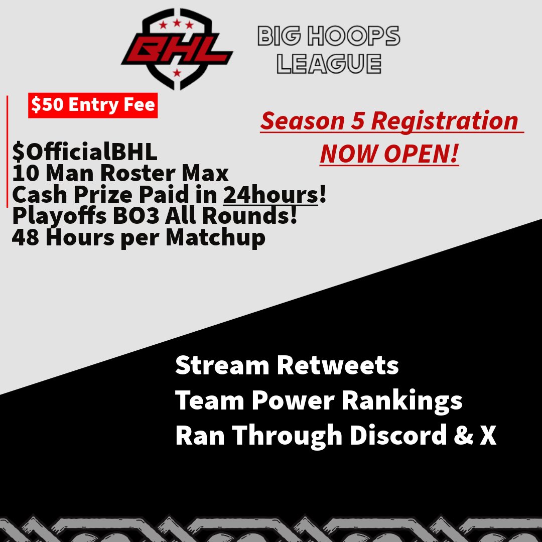 🚨SEASON 5 REGISTRATION IS NOW   
End of registration 6/27
Season start 7/1

1. Pay to $OfficialBHL 

2. Team &amp; Roster Submit here
  “2K25 Season 1 Registration 
form.jotform.com/242335339086156

3. Join the Discord here 
discord.gg/undDf4w6

Who Will Be Crowned Season Champs!