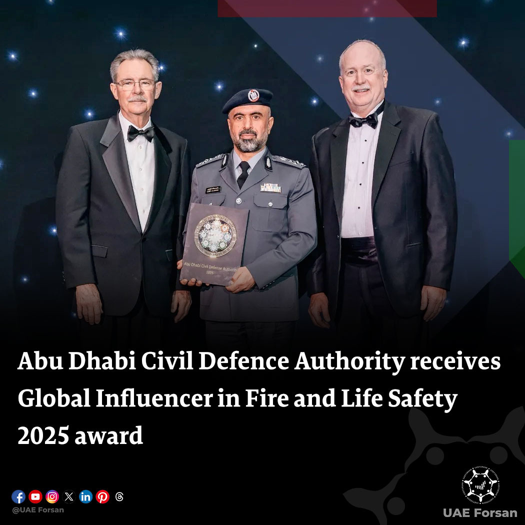 The #AbuDhabi Civil Defence Authority has received the Global Influencer in Fire and Life Safety 2025 award from the #US National Fire Protection Association in recognition of the authority’s efforts to develop a comprehensive safety system to enhance readiness, elevating the