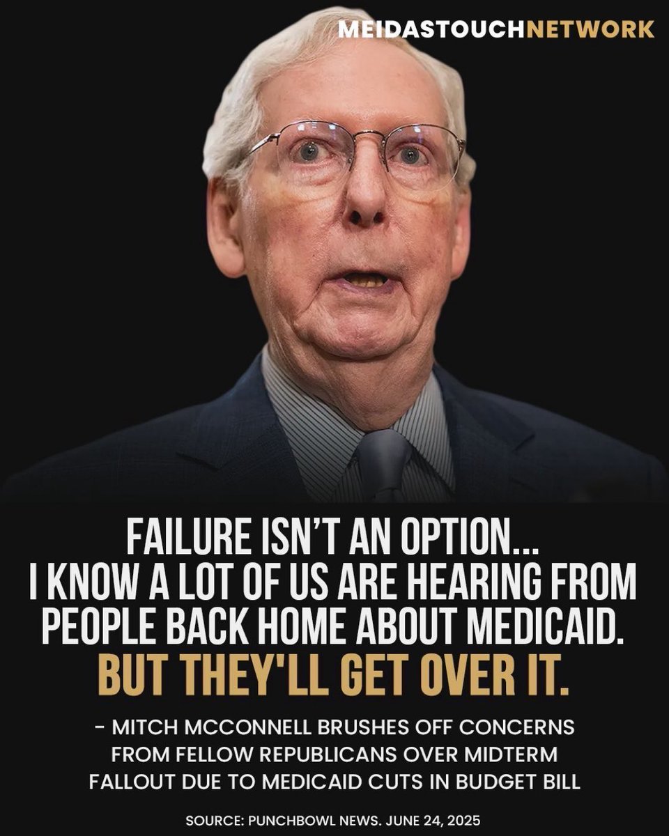 No, Mitch McConnell. Parents of children with complex disabilities, seniors needing long-term care, veterans, low income working families, millions of Americans who rely on hospitals that will close if Republicans' Big Ugly Bill becomes law all agree: #WeWontGetOverLosingMedicaid