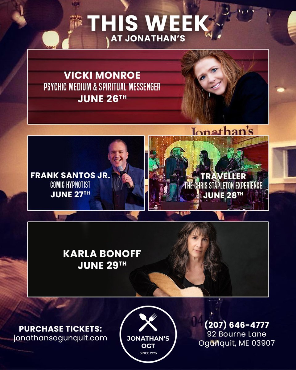 6/26 Vicki Monroe ✨
6/27 Frank Santos Jr. 😂
6/28 Traveller: Chris Stapleton Tribute 🎶
6/29 Karla Bonoff 🎼
Tix going fast