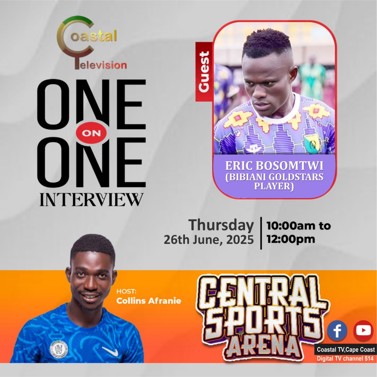 AfranieCollins's tweet photo. Dont miss the Exclusive interview tomorrow on Coastal TV Cape Coast on Facebook and YouTube exactly 10am to 12pm with Eric Bosomtwi Bibiani GoldStars player 🔥🔥🔥🔥 https://t.co/VaUH5LsKIS