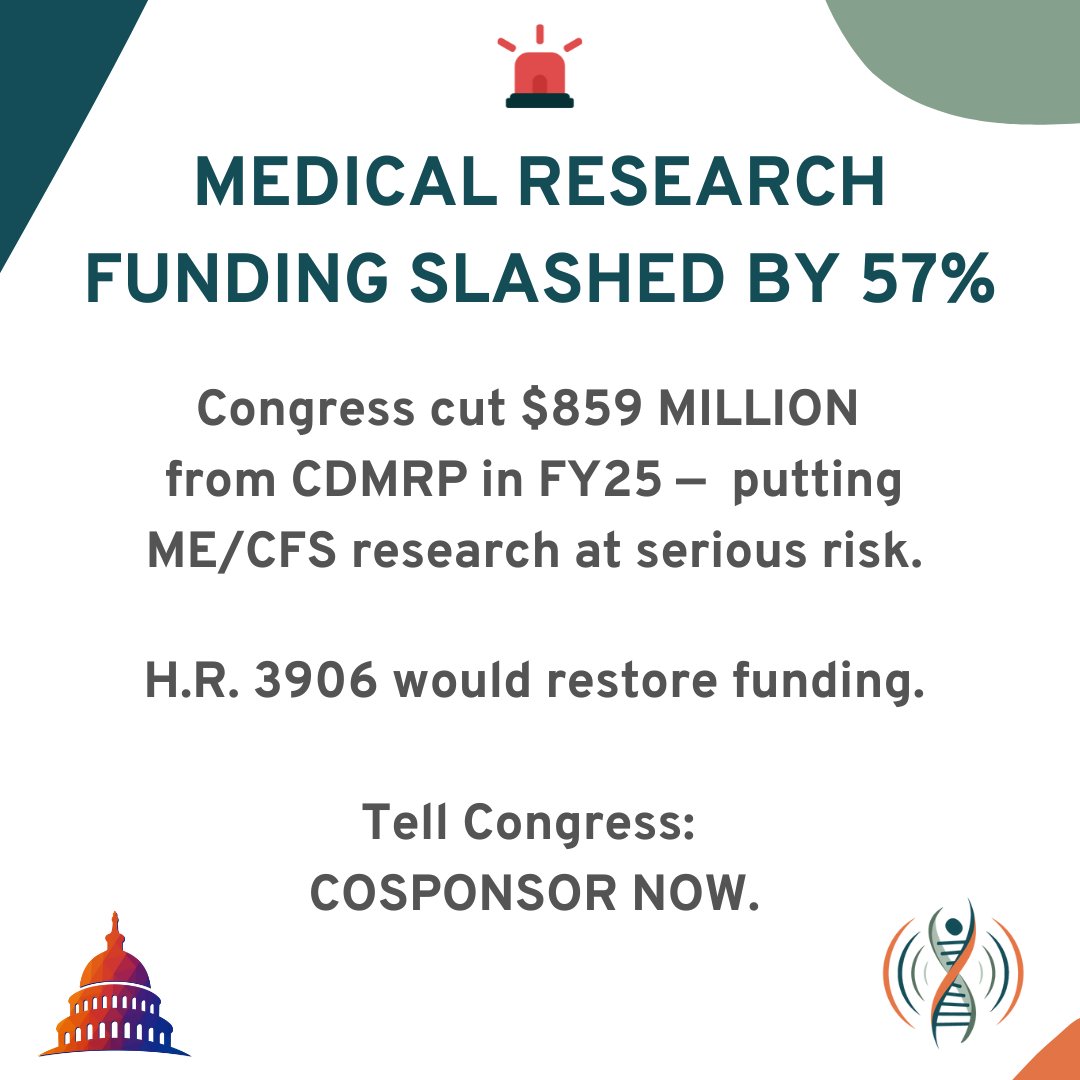 PlzSolveCFS's tweet image. 🧵🚨 Congress slashed $859 MILLION from a key research program that includes funding for #MECFS and other critical health conditions. Ask your reps to restore it!
solvecfs.quorum.us/campaign/12875…
 #AdvocacyWeek  #SocialMediaActionDay #CDMRP #HR3906