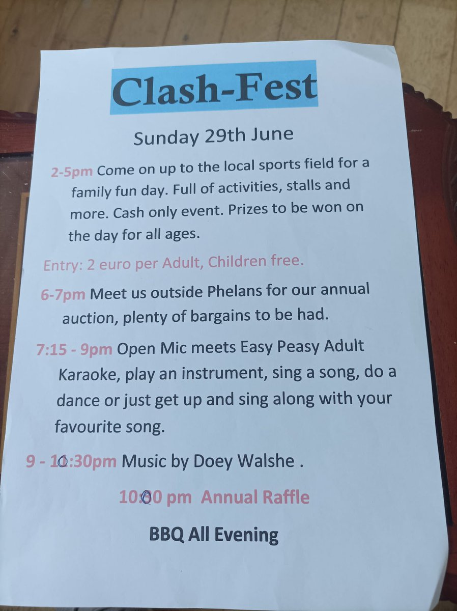 Ballinaclash_'s tweet photo. Don’t forget!! Clash Fest starts this weekend. We are a small community and would appreciate your full support. Come along, have lots of fun, bring the family. https://t.co/AGdAMpx8SE