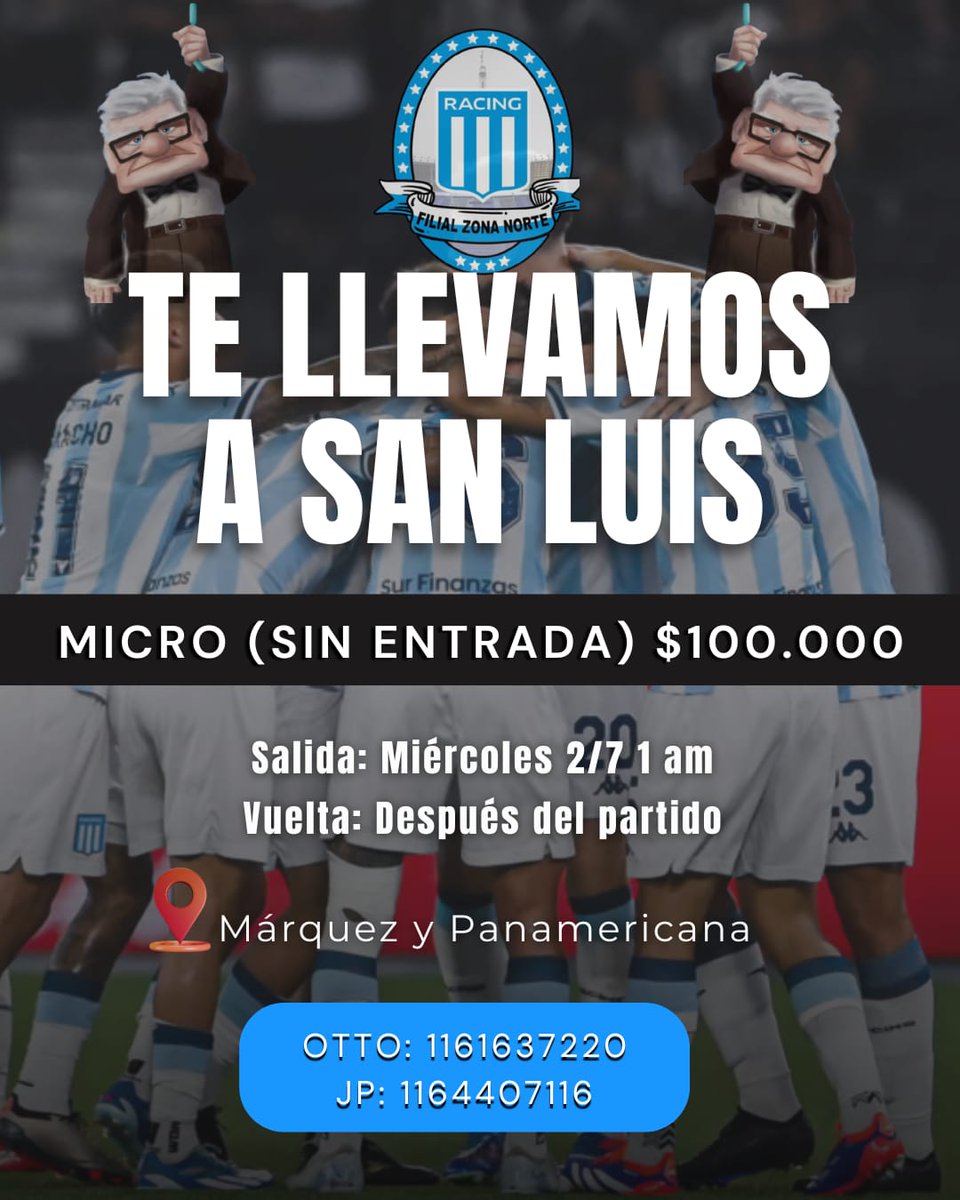 RacingClubFZN's tweet photo. ✅ Sí, como leiste.. TE LLEVAMOS A SAN LUIS 🥳

💰 Valor transporte: $100.000 ( SIN ENTRADA 🎟️) 

➡️ SALIDA: MIÉRCOLES 2/07 1AM
🔄 VUELTA: DESPUÉS DEL PARTIDO 

📍Ubicación: Márquez y Panamericana 

📝Comunicarse por MD para más información o a los teléfonos de contacto 👇 https://t.co/wryDxD1CZo