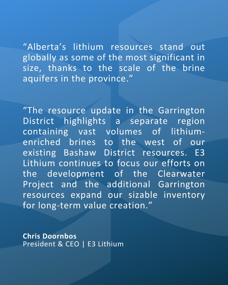 #LithiumNews – E3 Lithium is pleased to announce the release of an updated mineral resource report for its Garrington District in central Alberta, highlighting a Measured and Indicated mineral resource estimate of 5.0 Mt LCE.
 
Key highlights include:
◾ The Garrington District