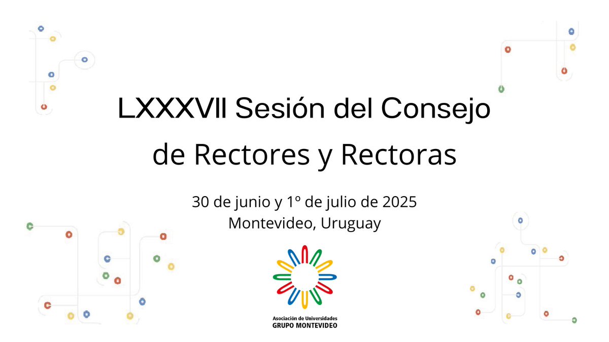 Montevideo será sede de la 87º Sesión del Consejo de Rectores y Rectoras a la AUGM.

📍30 de junio. Paraninfo de la Universidad de la República.
📍  1º de julio. Salón de los pasos perdidos, Palacio Legislativo.

grupomontevideo.org/site/lxxxvii-s…