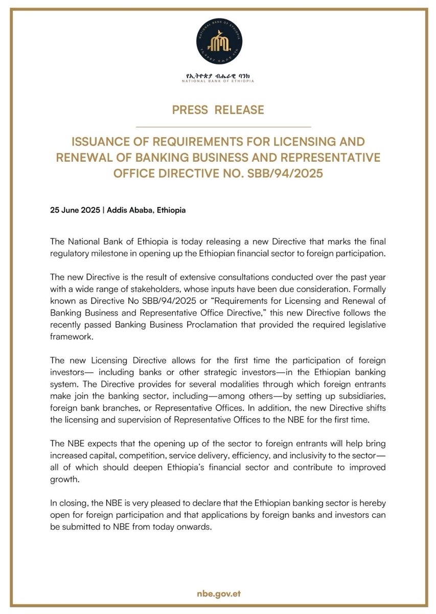 Ethiopia's Central Bank has issued the newly revised Banking Licensing Directive and is now ready to accept applications from foreign participants who are looking to enter the Ethiopian market through setting up subsidiaries and acquisitions, among others. 

 #Ethiopia #Banking