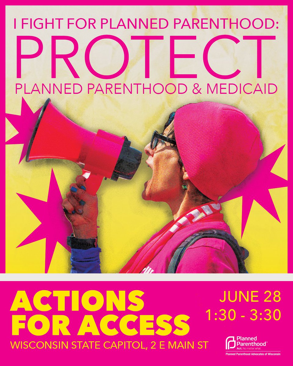 PPAWI's tweet photo. Three cities. One fight. This June, we’re coming together across Wisconsin for I Fight for Planned Parenthood: Actions for Access—a statewide mobilization to protect Medicaid and defend reproductive health care.

Join us in:
📍 Madison – Saturday, June 28 | 1:30–3:30 PM | https://t.co/2KGzMomuHj 
📍 Milwaukee – Saturday, June 28 | 10 AM–1 PM | https://t.co/QMsYET6kEu 
📍 La Crosse – Monday, June 30 | 4–6 PM | https://t.co/Zm2jYpKFbs 

Stand with your community. Show up for care. Take action.

#IFightForPP #ActionsForAccess #ProtectMedicaid #PlannedParenthoodWI #Wisconsin #PPAWI